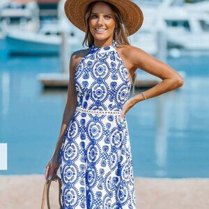 Cupshe Blue & White Ornate Halterneck Sleeveless Midi Dress